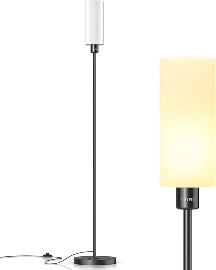 Floor Lamp for Living Room, Glass Lampshade Modern Standing Floor Lamp, 68 Inches Tall with E26 Socket for Office, Bedroom, Reading or Work - Black with White Lampshade, Bulb Not Included - LeafyLoom