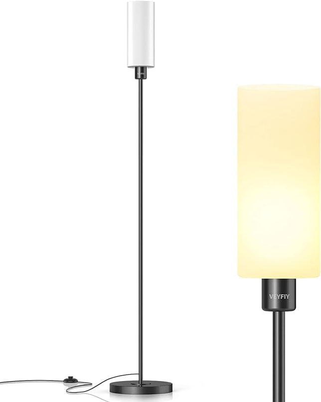 Floor Lamp for Living Room, Glass Lampshade Modern Standing Floor Lamp, 68 Inches Tall with E26 Socket for Office, Bedroom, Reading or Work - Black with White Lampshade, Bulb Not Included - LeafyLoom