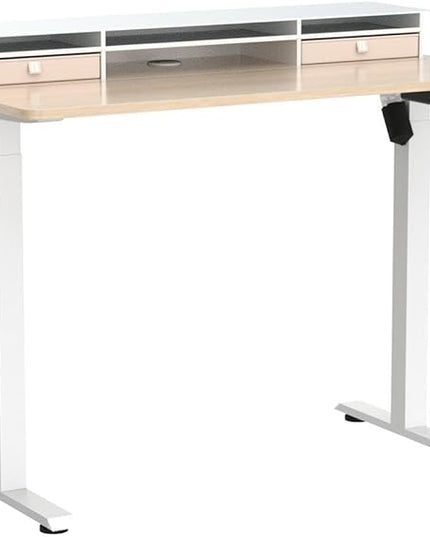 FEZIBO 48 x 24 Inch Height Adjustable Glass Electric Standing Desk with Double Drawer, Stand Up Desk with Storage Shelf, Sit Stand Desk, Light Walnut - LeafyLoom
