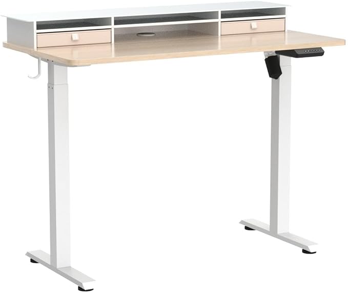 FEZIBO 48 x 24 Inch Height Adjustable Glass Electric Standing Desk with Double Drawer, Stand Up Desk with Storage Shelf, Sit Stand Desk, Light Walnut - LeafyLoom