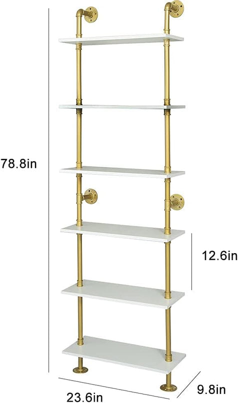 Industrial Gold Bookshelf-6 Tier Wall Mounted Ladder Bookshelf, Rustic Gold Storage Book Shelves Display Bookcases for Living Room/Home/Office - LeafyLoom