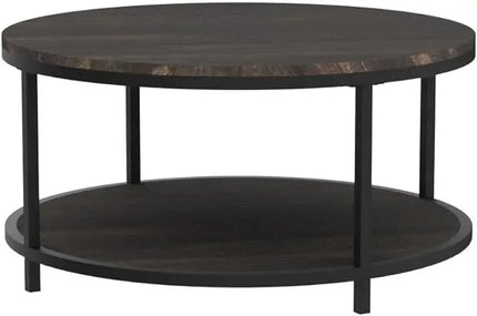 NSdirect 36 inches Round Coffee Table, Rustic Wooden Surface Top & Sturdy Metal Legs Industrial Sofa Table for Living Room Modern Design Home Furniture with Storage Open Shelf(Rustic Brown) - LeafyLoom