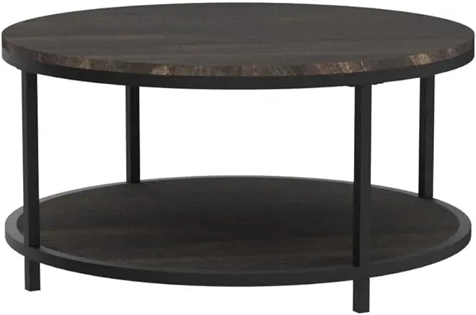NSdirect 36 inches Round Coffee Table, Rustic Wooden Surface Top & Sturdy Metal Legs Industrial Sofa Table for Living Room Modern Design Home Furniture with Storage Open Shelf(Rustic Brown) - LeafyLoom