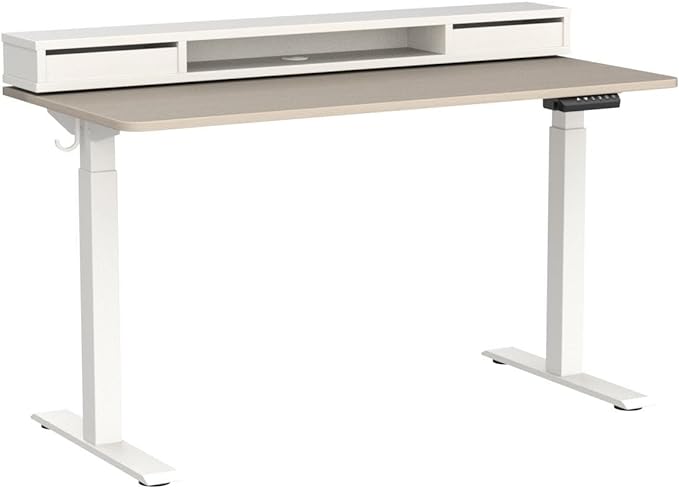 FEZIBO 55 × 26 Inch Electric Standing Desk with Monitor Stand, Height Adjustable Table with LED Strips, Ergonomic Home Office Desk with 2 Drawers Storage Gaming Workstation, Light Walnut - LeafyLoom