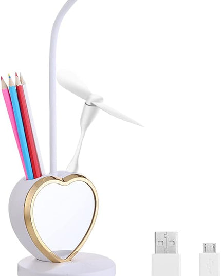 White Desk Lamp for Girls, 5 in 1 Cute Desk Lamp with Pencil Holder, Detachable Mirror, Mini Fan, Phone Holder, USB Charging Port, Eye-Caring Study Table Lamp for Teens Girls Women Dorm Reading - LeafyLoom