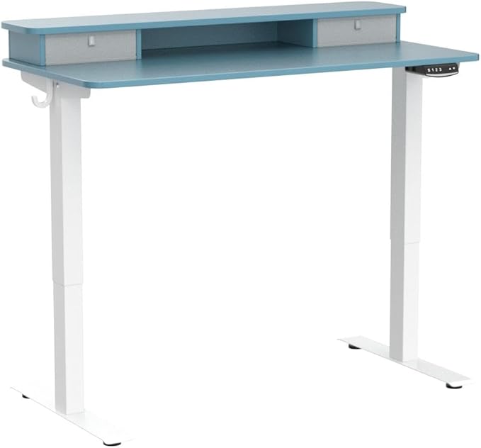 FEZIBO 48 x 24 Inch Height Adjustable Electric Standing Desk with Double Drawer, Stand Up Desk with Storage Shelf, Sit Stand Desk, Blue - LeafyLoom