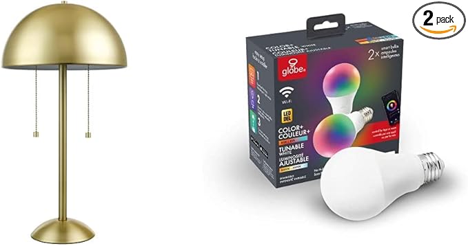 Globe Electric 12976 Haydel 21" 2-Light Matte Brass Table Lamp + 34207 Wi-Fi Smart 10W (60W Equivalent) Multicolor Changing RGB Tunable White Frosted LED Light Bulb 2-Pack - LeafyLoom