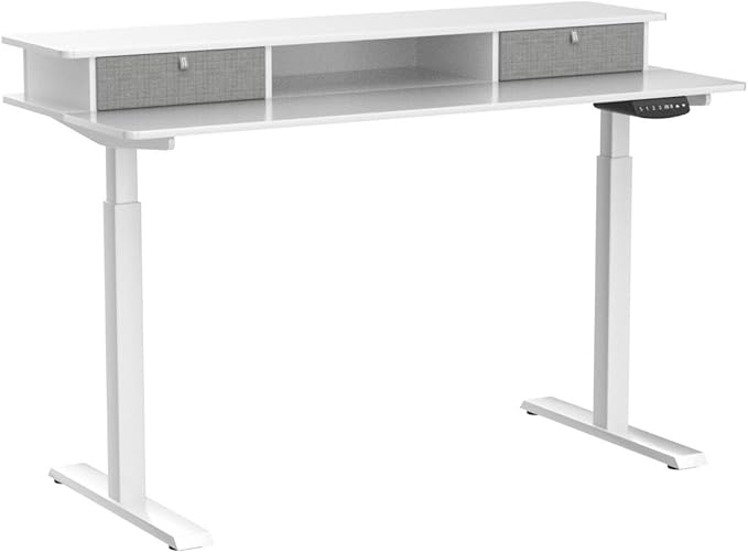 BANTI 55x24 Inch Electric Standing Desk with Double Drawers, Adjustable Height Stand Up Desk, Sit Stand Home Office Desk with Storage Shelf, White Top - LeafyLoom