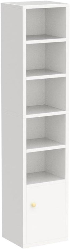 IOTXY Small Narrow Corner Bookcase - 59" Tall Free Standing Gap Storage Cabinet, 6 Lattices Open Shelves Tower Rack with Door, Cubes Bookshelf, White - LeafyLoom