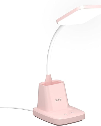 Sailstar Cute Desk Lamp, Pink Small Desk Lamp with Pen Holder, Wireless Charger LED Desk Lamps for Home Office, Kids Desk Lamp 800LM Gooseneck 3 Modes Dimmable Touch, Study Lamp for College Dorm Room - LeafyLoom