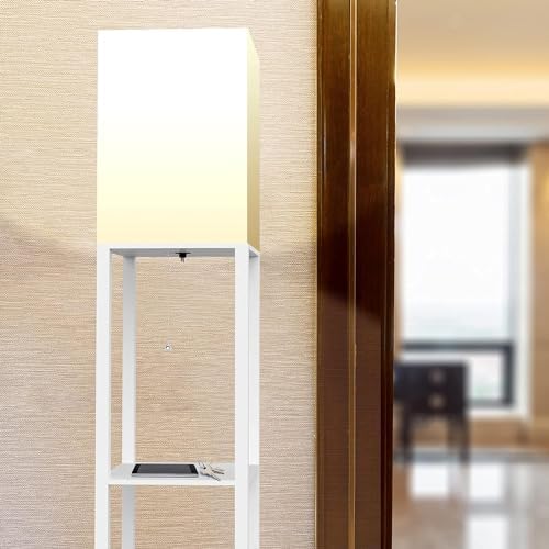 PAZZO Floor Lamp with Shelves by Solid Wood, Modern Shelf Floor Lamp with 3 Color Temperature, Linen Lampshade and Storage Shelves for Living Room, Bedroom, Bulb Included(White) - LeafyLoom