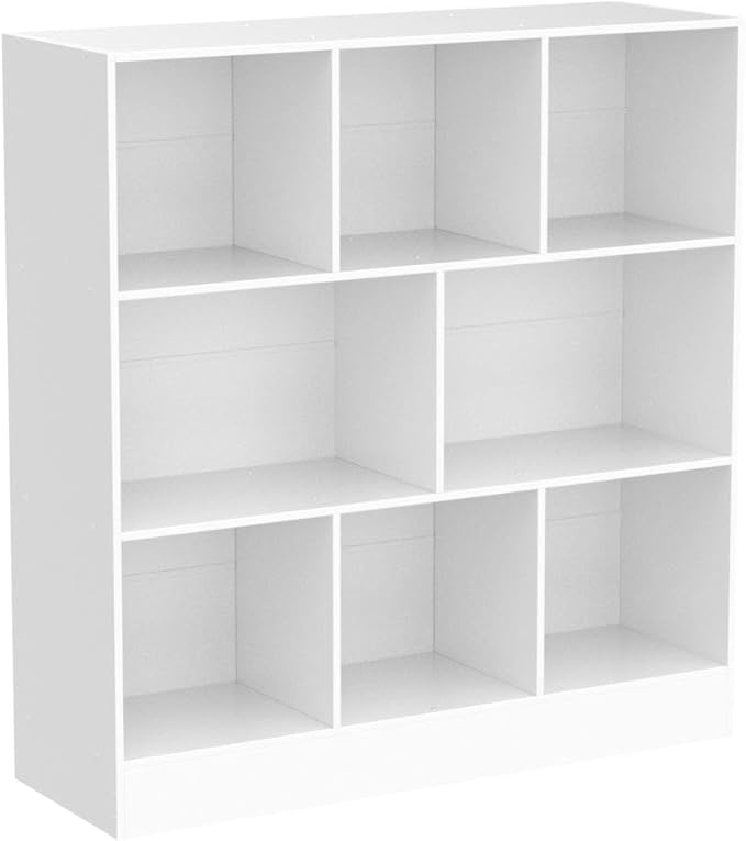 YAHARBO White 3 Tier Bookshelf,Wide Modern Horizontal Bookcase,Wood Low Book Shelf,Wide Display Storage Cabinet with Base,Floor Standing 8 Cube Large Bookcases Organizer for Bedroom,Living Room,Office - LeafyLoom