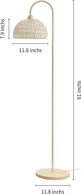 Boho Rattan floor lamp with Natural Rattan Shade, Rustic Arc Standing Lamp for Coastal, Beach or Bohemian Style Decor, E26 bulb, On/Off Footswitch Lamp for living room, Bedroom - LeafyLoom