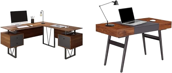 Techni Mobili 59" W x 57.3" D x 30" H 2-Tone L-Shaped Desk and Mahogany Expandable Storage Writing Desk Bundle - LeafyLoom