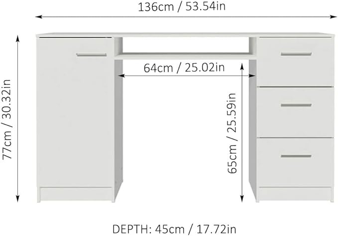 Madesa Computer Desk with 3 Drawers, 1 Door and 1 Storage Shelf, Wood Writing Home Office Workstation, Office Desk with Drawers - 30” H x 18” D x 53” W - White - LeafyLoom