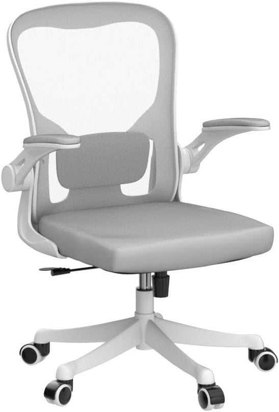 Office Chair - Ergonomic Office Chair with Lumbar Support & Flip Up Arms Home Office Desk Chairs Rockable Swivel High Back Computer Chair White Frame Grey Mesh Study Chair - LeafyLoom