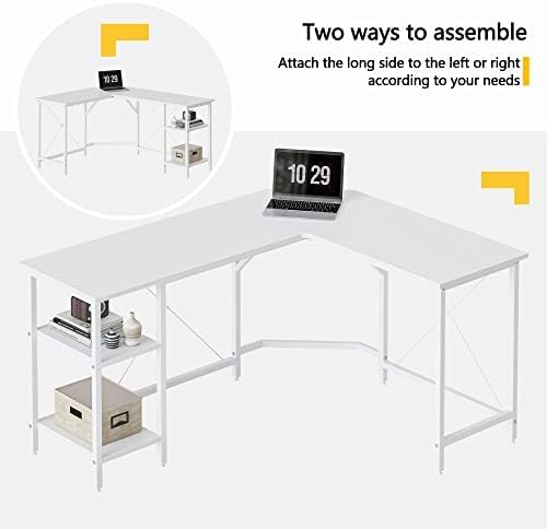 CubiCubi L Shaped Desk, 59.1 Inch Reversible Corner Desk with Storage Shelves, Home Office Desk for Writing Gaming Study, White - LeafyLoom
