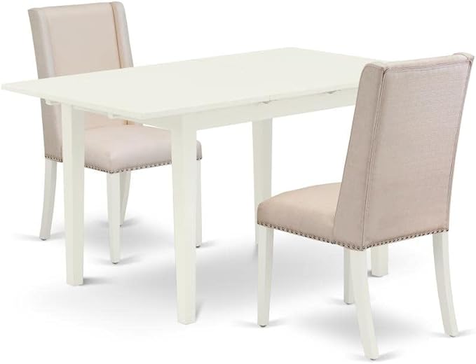East West Furniture NOFL3-LWH-01 3 Piece Dinette Set for Small Spaces Contains a Rectangle Butterfly Leaf Table and 2 Cream Linen Fabric Upholstered Chairs, 32x54 Inch - LeafyLoom
