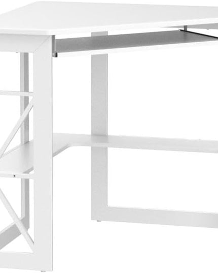 VECELO Corner Computer Desk Writing Smooth Keyboard Tray & Storage Shelves,Compact Home Office Triangle Table, White - LeafyLoom