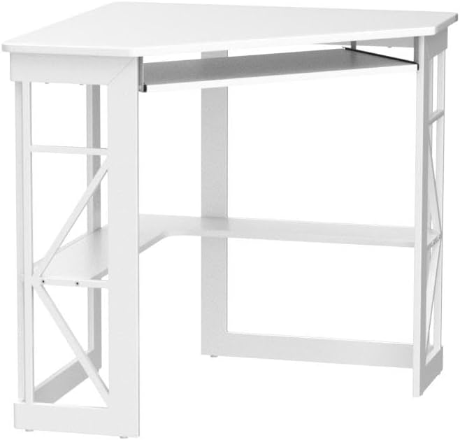 VECELO Corner Computer Desk Writing Smooth Keyboard Tray & Storage Shelves,Compact Home Office Triangle Table, White - LeafyLoom