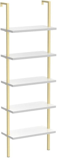 NUMENN 5 Tier Book Shelf, Industrial Ladder Shelf, Open Space Wall Mount Bookshelf with Metal Frame, Sturdy Book Shelves, Bookcase for Living Room, Home Office Shelf, White/Gold - LeafyLoom