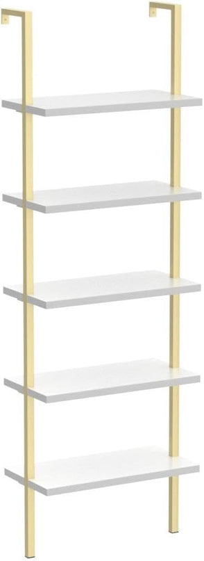 NUMENN 5 Tier Book Shelf, Industrial Ladder Shelf, Open Space Wall Mount Bookshelf with Metal Frame, Sturdy Book Shelves, Bookcase for Living Room, Home Office Shelf, White/Gold - LeafyLoom