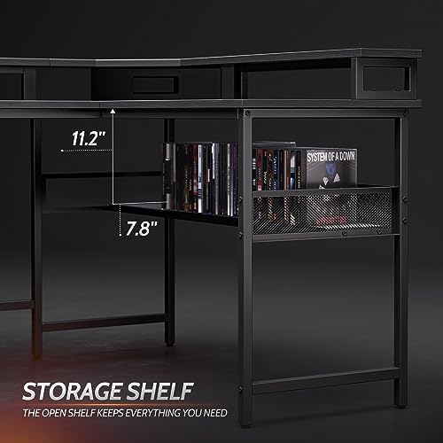 CubiCubi L Shaped Gaming Desk with LED Lights and Power Outlets, 58" Reversible Corner Computer Desk with Storage Shelves and Drawer, Home Office Desk with Monitor Stand, Black - LeafyLoom