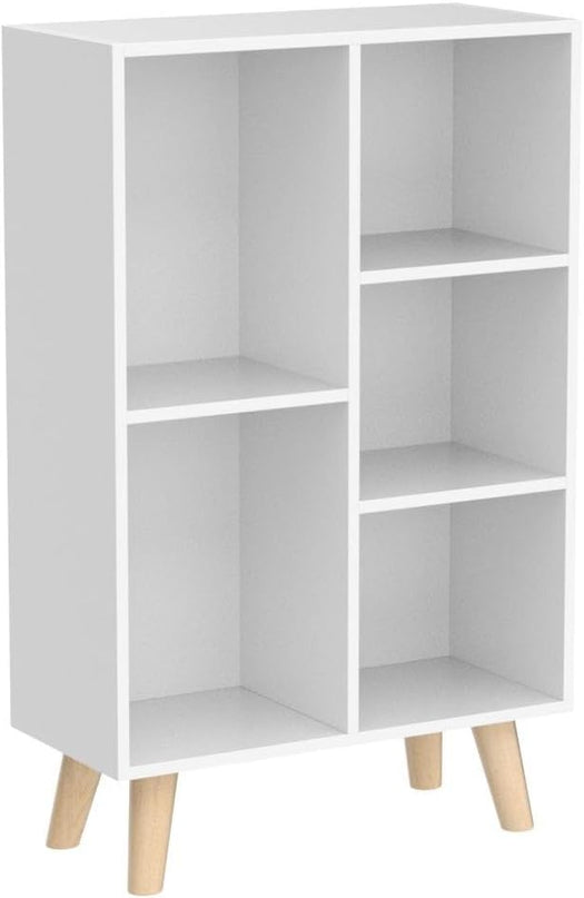 IOTXY Wooden Open Shelf Bookcase - 3-Tier Floor Standing Display Cabinet Rack with Legs, 5 Cubes Bookshelf, Warm White - LeafyLoom