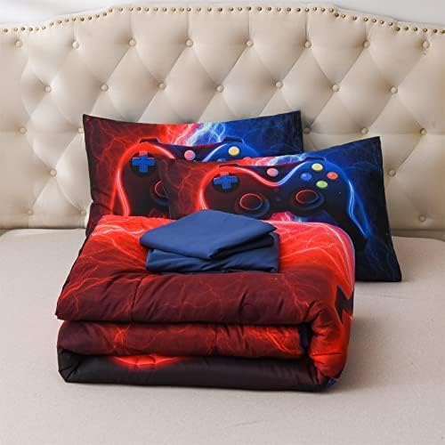 Meeting Story Gamer Gaming Bedding Sets Red Blue Lightnings Gamepad Comforter Set for Boys Games Console Action Buttons Novelty Colorful Modern Room Decor Home Quilt Set (Red-Blue, Queen 5Pcs) - LeafyLoom