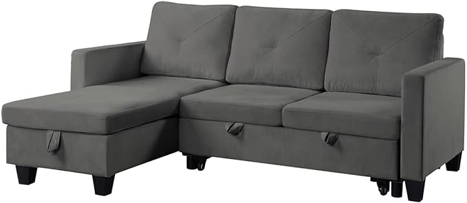 Reversible Velvet Sectional Couch with Storage Chaise, L-Shaped 3 Seater Corner Sleeper Pull Out Sofa Bed for Living Room Apartment Small Space, Dark Gray, 82.5 - LeafyLoom