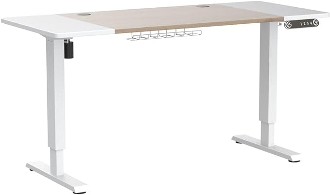 Adjustable Height Electric Standing Desk - 55 x 24 Inch Sit Stand Computer Desk, Stand Up Desk Table for Home Office, White Frame/White + Oak Top - LeafyLoom