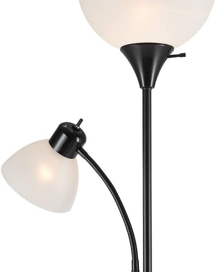Globe Electric 67135 72" Torchiere Floor Lamp + Adjustable Reading Light, Matte Black, Frosted Plastic Shade, 3-Step Rotary Switch on Socket, Living Room Décor, Reading Light, Home Essentials - LeafyLoom