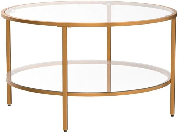 VINGLI Glass Coffee Table,30" Round Coffee Table Gold Coffee Tables for Living Room,2-Tier Glass Top Coffee Table with Storage Clear Coffee Table,Simple & Modern Center Table Mesa de Centro Para Sala - LeafyLoom