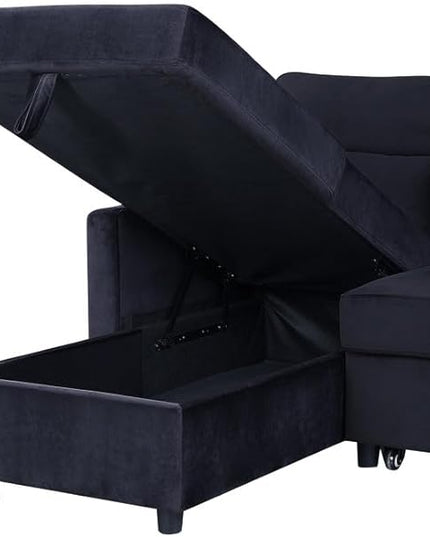Reversible Velvet Sectional Sofa Sleeper with Storage Chaise and Side Pocket, Convertible Pull Out Couch Bed w/Cup Holder, USB Charging Port, Black, 81.5 - LeafyLoom