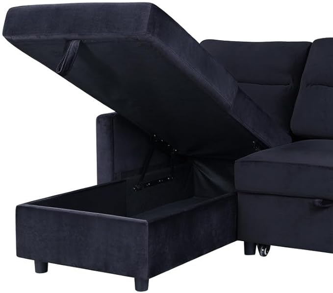Reversible Velvet Sectional Sofa Sleeper with Storage Chaise and Side Pocket, Convertible Pull Out Couch Bed w/Cup Holder, USB Charging Port, Black, 81.5 - LeafyLoom