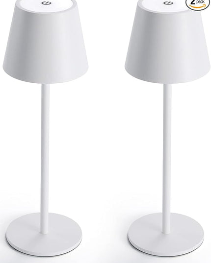 Maksone 2 pack LED Cordless Table Lamp, 6600mWh Rechargeable Battery Desk Lamp, 3000K Stepless Dimming Night Light, IP54 Waterproof Metal Outdoor Portable Lamp for Camping, Restaurant (White) - LeafyLoom