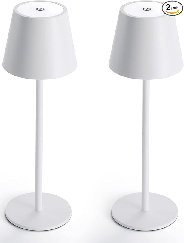 Maksone 2 pack LED Cordless Table Lamp, 6600mWh Rechargeable Battery Desk Lamp, 3000K Stepless Dimming Night Light, IP54 Waterproof Metal Outdoor Portable Lamp for Camping, Restaurant (White) - LeafyLoom