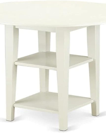 East West Furniture SUDA5-LWH-W 5 Piece Dining Room Furniture Set Includes a Round Kitchen Table with Dropleaf & Shelves and 4 Dining Chairs, 42x42 Inch, Linen White - LeafyLoom