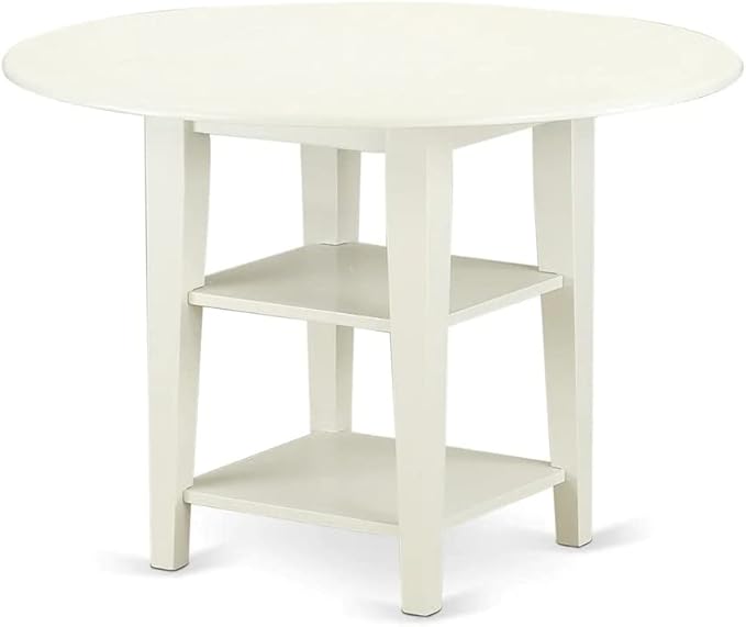East West Furniture SUDA5-LWH-W 5 Piece Dining Room Furniture Set Includes a Round Kitchen Table with Dropleaf & Shelves and 4 Dining Chairs, 42x42 Inch, Linen White - LeafyLoom