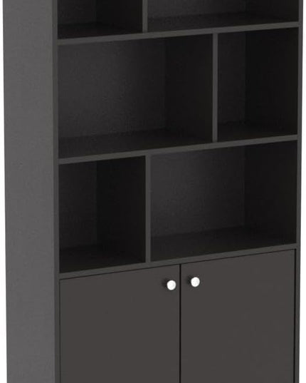Modern Bookcase with 2 Doors, Shelf Organizer for Display, Wooden Bookshelf Library with 6 Storage Cabinet for Home Office (coffee) - LeafyLoom