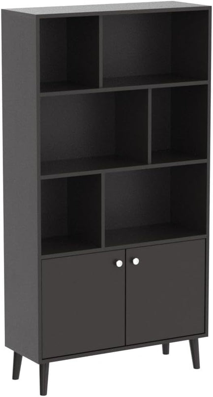 Modern Bookcase with 2 Doors, Shelf Organizer for Display, Wooden Bookshelf Library with 6 Storage Cabinet for Home Office (coffee) - LeafyLoom