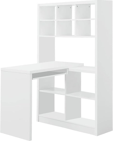 Monarch Specialties 7022, Home Office, Bookcase, Storage Shelves, Set-up, L Shape, Work, Laptop, Laminate, White Computer Desk Left Or Right Facing Corner, 35.5" L x 38" W x 60" H - LeafyLoom