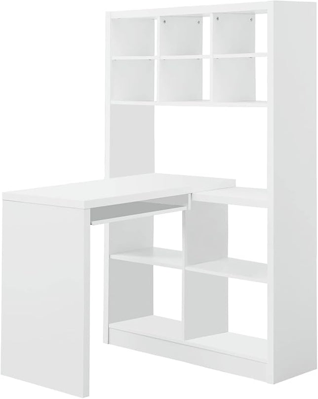 Monarch Specialties 7022, Home Office, Bookcase, Storage Shelves, Set-up, L Shape, Work, Laptop, Laminate, White Computer Desk Left Or Right Facing Corner, 35.5" L x 38" W x 60" H - LeafyLoom