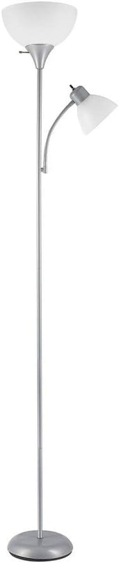 Globe Electric 67134 72" Torchiere Floor Lamp + Adjustable Reading Light, Silver, Frosted Plastic Shade, 3-Step Rotary Switch on Socket, Living Room Décor, Reading Light, Home Essentials, Bedroom - LeafyLoom