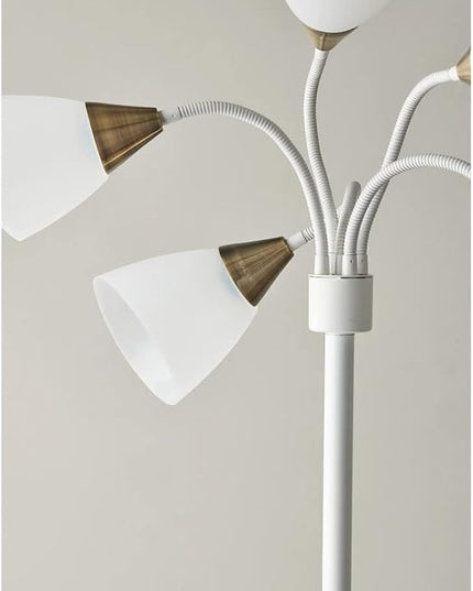 Adesso 7205-02 Multi-White Shade Floor Lamp, Adjustable Gooseneck Arms, White w. Antique Brass Accents - LeafyLoom