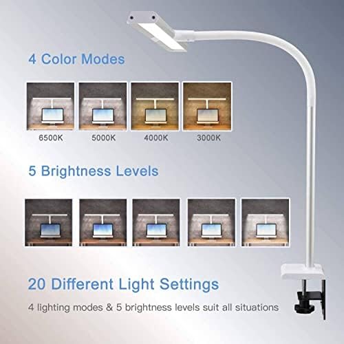 PHIVE LED Task Lamp, 20 Watt Super Bright Desk Lamp with Clamp, Dimmable Gooseneck Monitor Lamp(4 Color Modes, 5-Level Dimmer, Memory Function, Highly Adjustable Office Light/Workbench Lamp) Silver - LeafyLoom