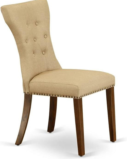East West Furniture ANGA5-ANA-03 5 Piece Dining Set for 4 Includes a Round Kitchen Table with Pedestal and 4 Brown Linen Fabric Upholstered Parson Chairs - LeafyLoom