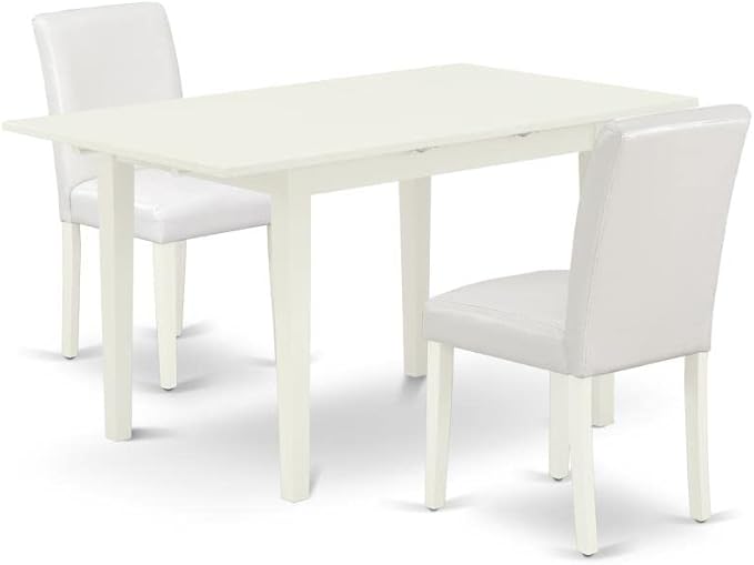 East West Furniture Norfolk 3 Piece Kitchen Set Contains a Rectangle Room Table with Butterfly Leaf and 2 Faux Leather Parson Dining Chairs, 32x54 Inch, Linen White - LeafyLoom