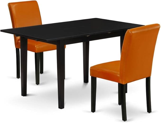 East West Furniture Norfolk 3 Piece Set Contains a Rectangle Dining Room Table with Butterfly Leaf and 2 Baked Bean Faux Leather Parson Chairs, 32x54 Inch, NOAB3-BLK-61 - LeafyLoom
