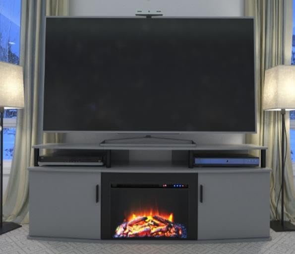 Ameriwood Home Carson Fireplace TV Stand for TVs up to 70 Inch, Replaceable Electric Fireplace Insert Heater, Realistic Log and Flame Effect, For Living Room or Bedroom, Gray - LeafyLoom